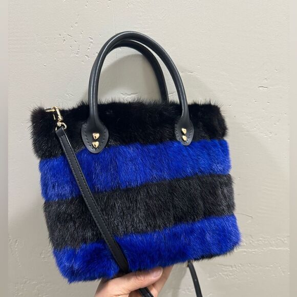 Striped Colorblock Handmade Real Mink Fur Mini Tote, Top Handle Bag, Crossbody - Picture 5 of 16